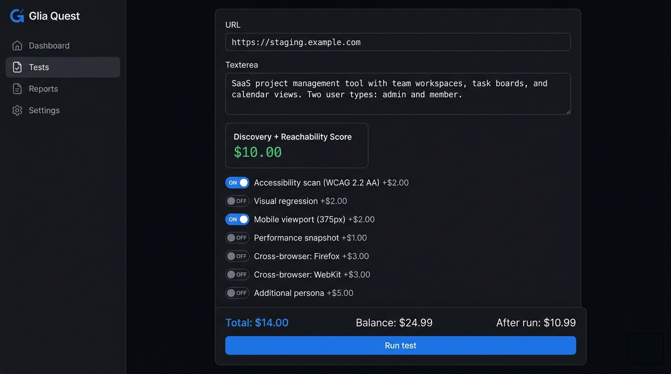 Glia Quest test configuration screen with URL input, feature description, and toggle options
